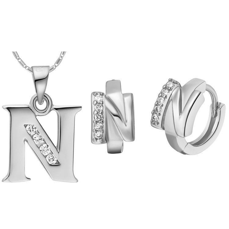18K White Gold Plated Letter N Zirconia Stones Jewelery Set M00842