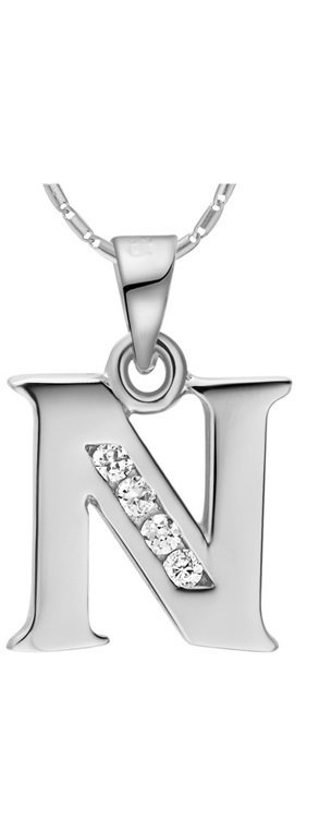 18K White Gold Plated Letter N Zirconia Stones Necklace M00929