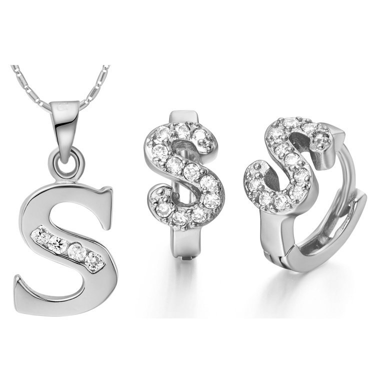 18K White Gold Plated Letter S Zirconia Stones Jewelery Set M00844