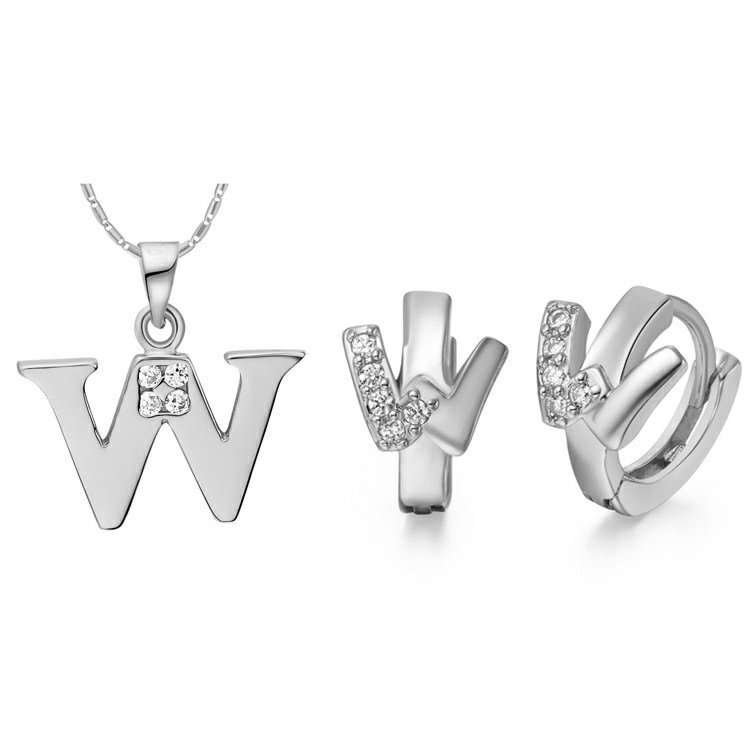 18K White Gold Plated Letter W Zirconia Stones Jewelery Set M00846