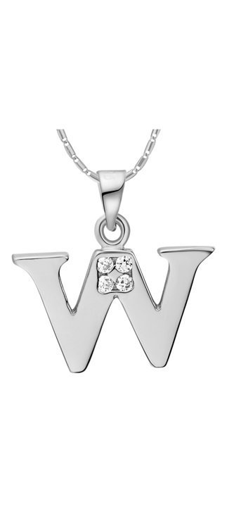 18K White Gold Plated Letter W Zirconia Stones Necklace M00933