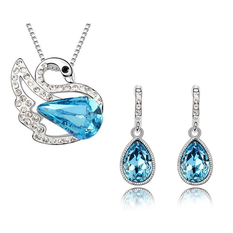 18K White Gold Plated Queen Swan Ocean Blue Rhinestones Jewelry Set M01138