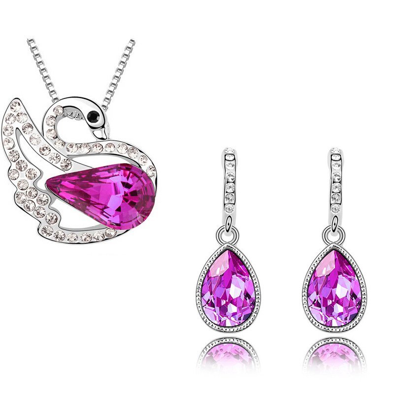 18K White Gold Plated Queen Swan Pink Rhinestones Jewelry Set M01140