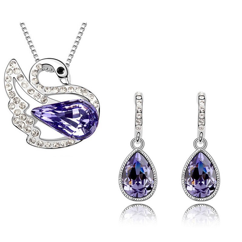 18K White Gold Plated Queen Swan Purple Rhinestones Jewelry Set M01139