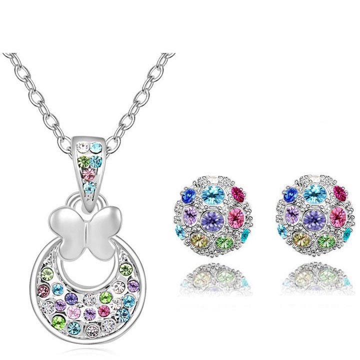 18K White Gold Plated Rhinestone Crystal Multi Color Jewelry Set M00961
