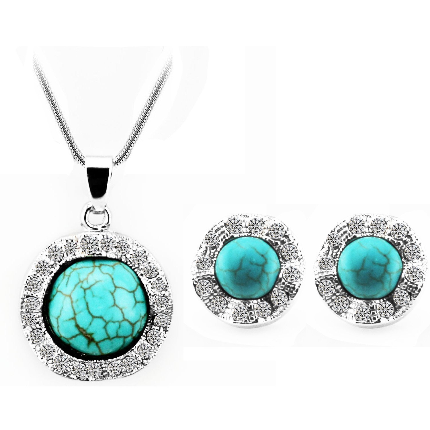 18K White Gold Plated Rhinestone Crystal Turquoise Stone Jewelry Set M00963