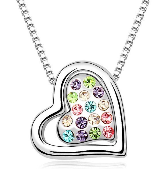 18K White Gold Plated Rhinestone Crystals Heart MultiColor Necklace M00791