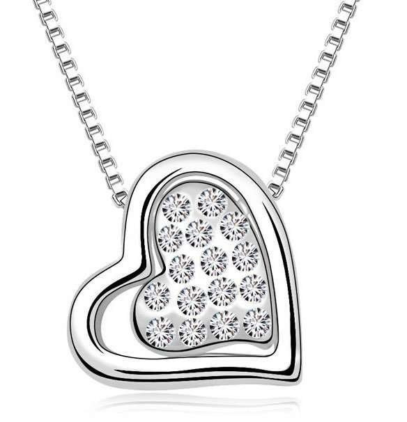 18K White Gold Plated Rhinestone Crystals Heart Necklace M00789