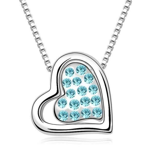 18K White Gold Plated Rhinestone Crystals Heart Ocean Blue Necklace M00792