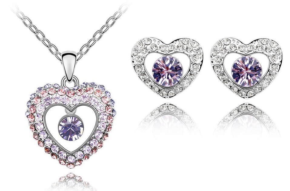 18K White Gold Plated Rhinestone Heart Angel Tearl Purple M00006