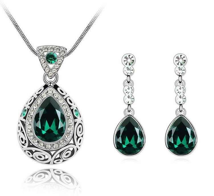 18K White Gold Plated Water Drop Austrian Crystal Bridal Green Jewellery Set M00762