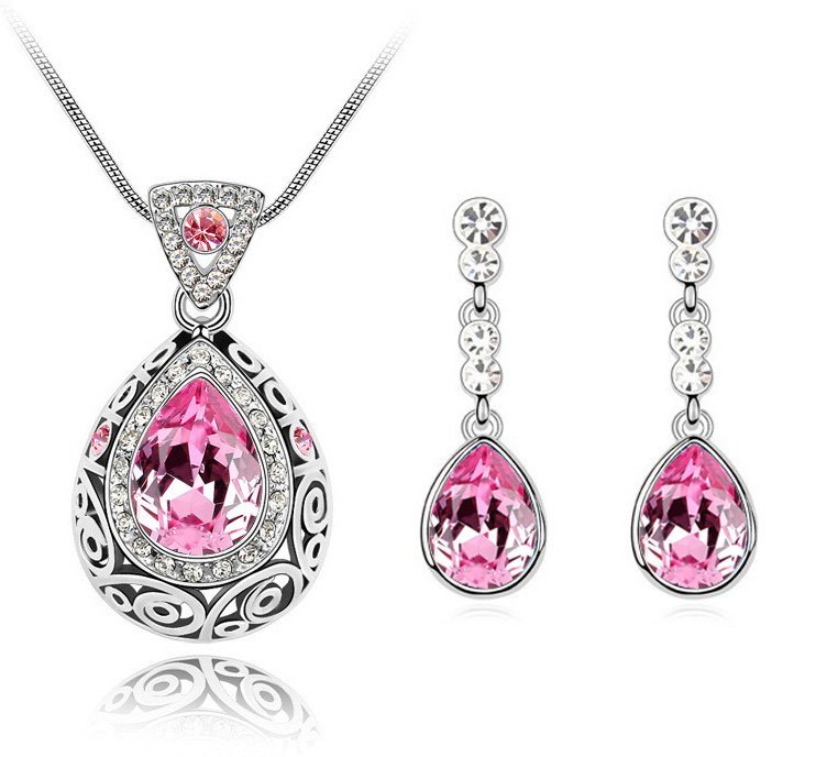 18K White Gold Plated Water Drop Austrian Crystal Bridal Rose Jewellery Set M00764