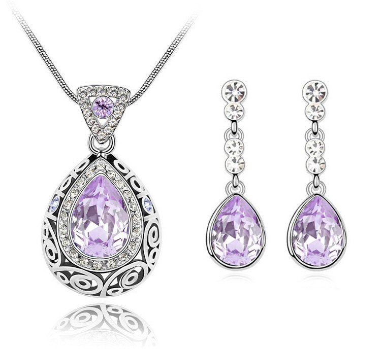 18K White Gold Plated Water Drop Austrian Crystal Bridal Violet Jewellery Set M00763