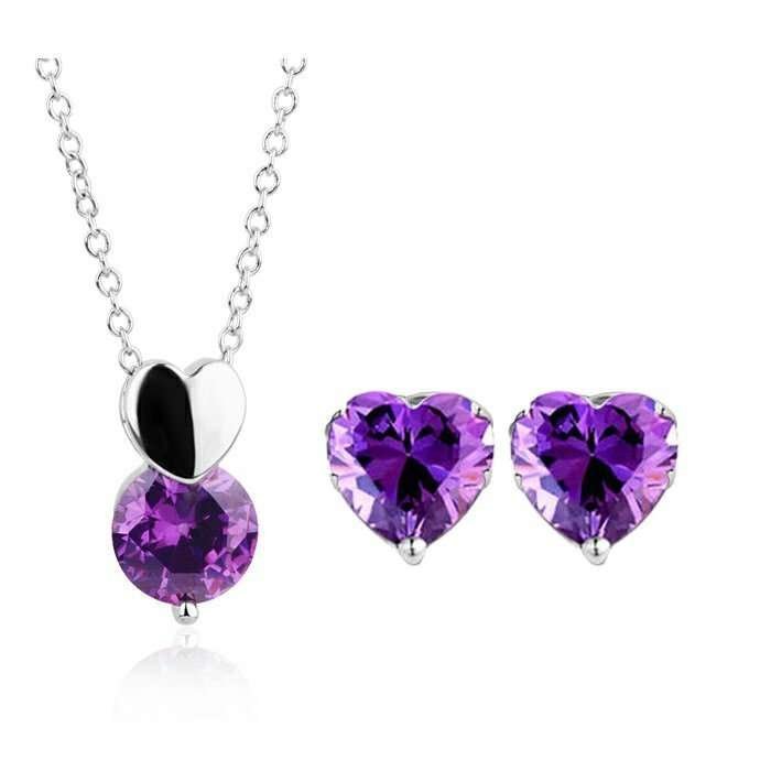 18K White Gold Plated Zircon Heart Purple Jewelry Set M00964
