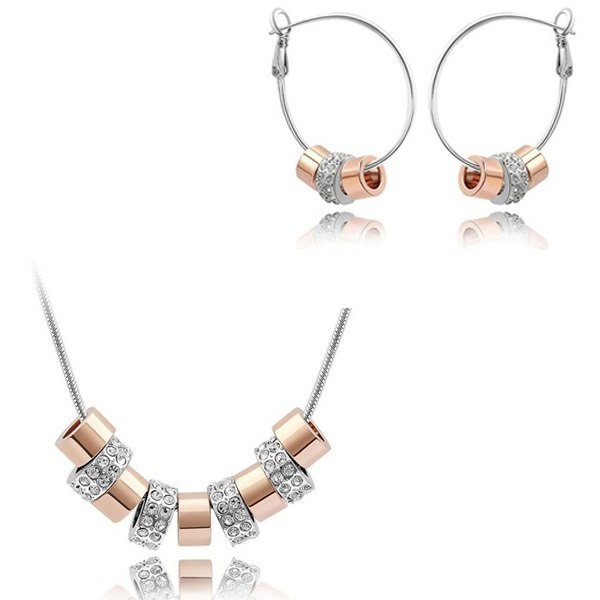 24K Pink Gold Plated 9 Circles Crystals Jewelry Set Of Necklace amd Earrings M01160