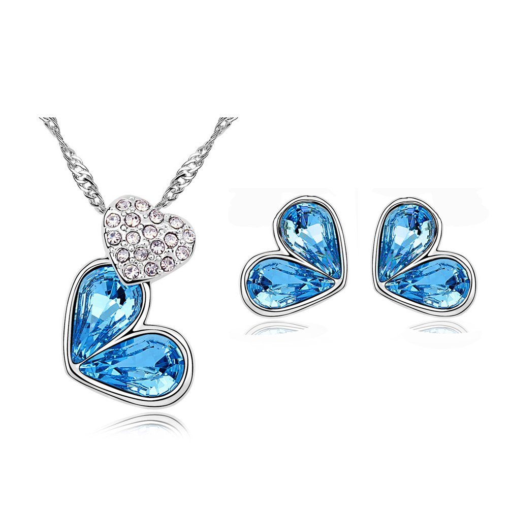 Platinum Austrian Crystal Heart Ocean Blue Jewellery Set M00303