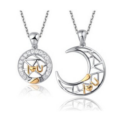 18K Gold Plated Moon and Star Couple Rhinestone Necklaces M01479