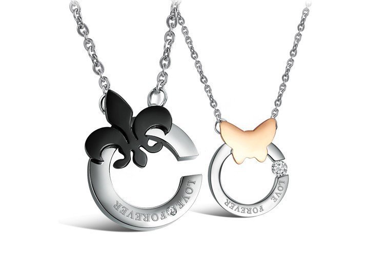 Butterfly Couple Titanium Steel CZ Diamond Inlaid Necklaces M01266