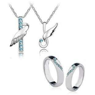 Rhodium Plated Couples Swarovski Elements Ocean Blue Jewelry Set of 3 pieces M00531