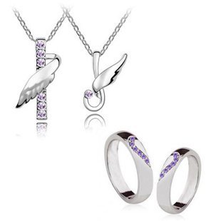 Rhodium Plated Couples Swarovski Elements Purple Jewelry Set of 3 pieces M00529