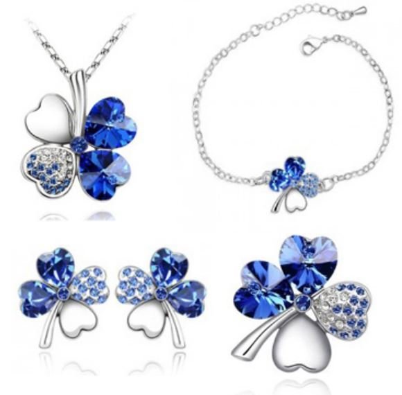 925 Silver Plated 4 Leaf Blue Jewelry Set M02193
