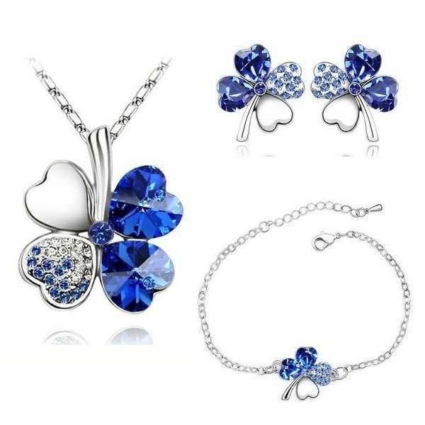 925 Silver Plated 4 Leaf Blue Jewelry Set M02200