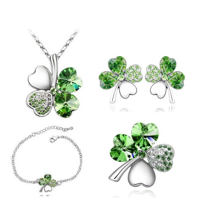 925 Silver Plated 4 Leaf Green Jewelry Set M02195
