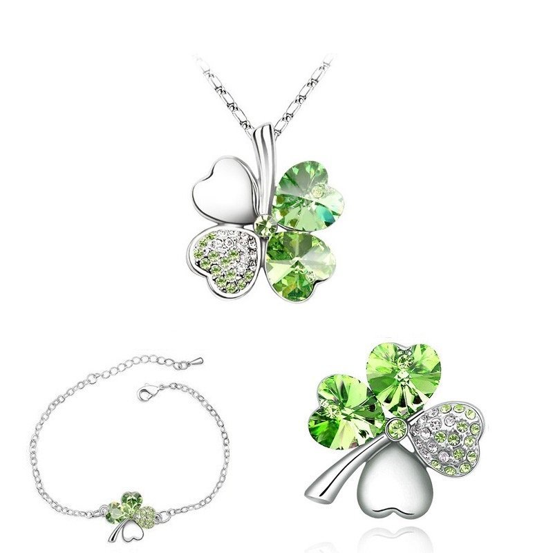 925 Silver Plated 4 Leaf Green Jewelry Set M02198