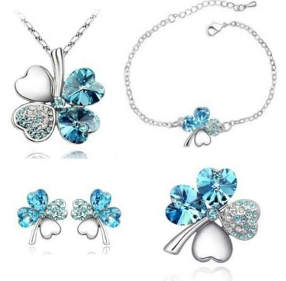 925 Silver Plated 4 Leaf Ocean Blue Jewelry Set M02194