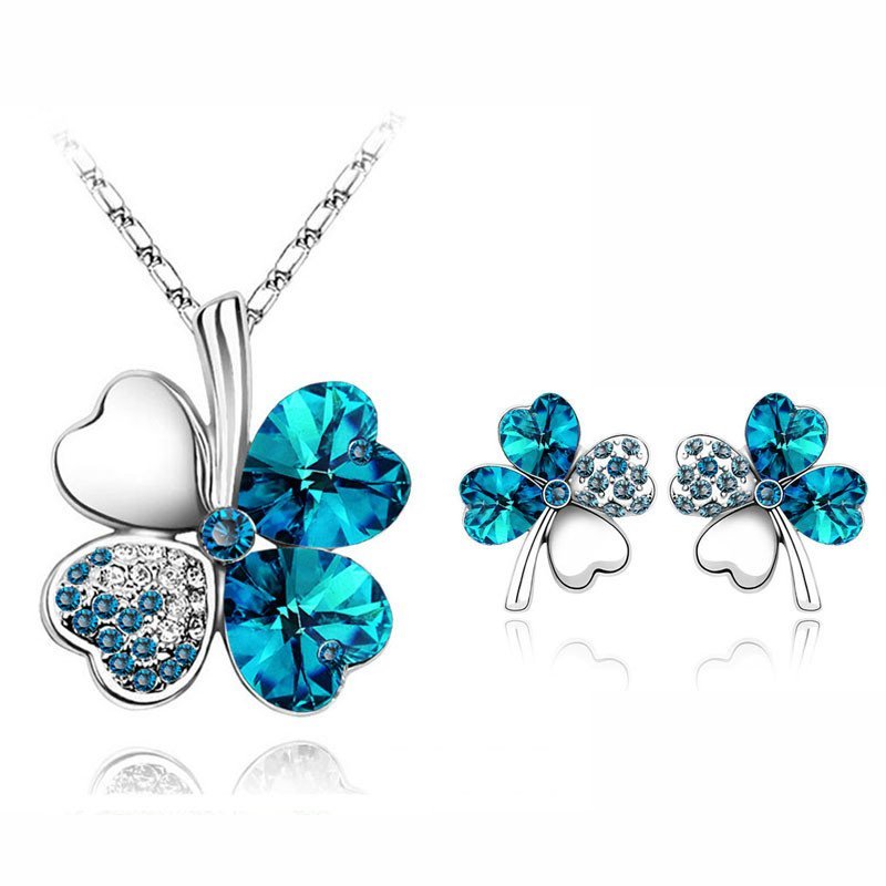 925 Silver Plated 4 Leaf Ocean Blue Jewelry Set M02207