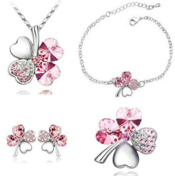 925 Silver Plated 4 Leaf Pink Jewelry Set M02196