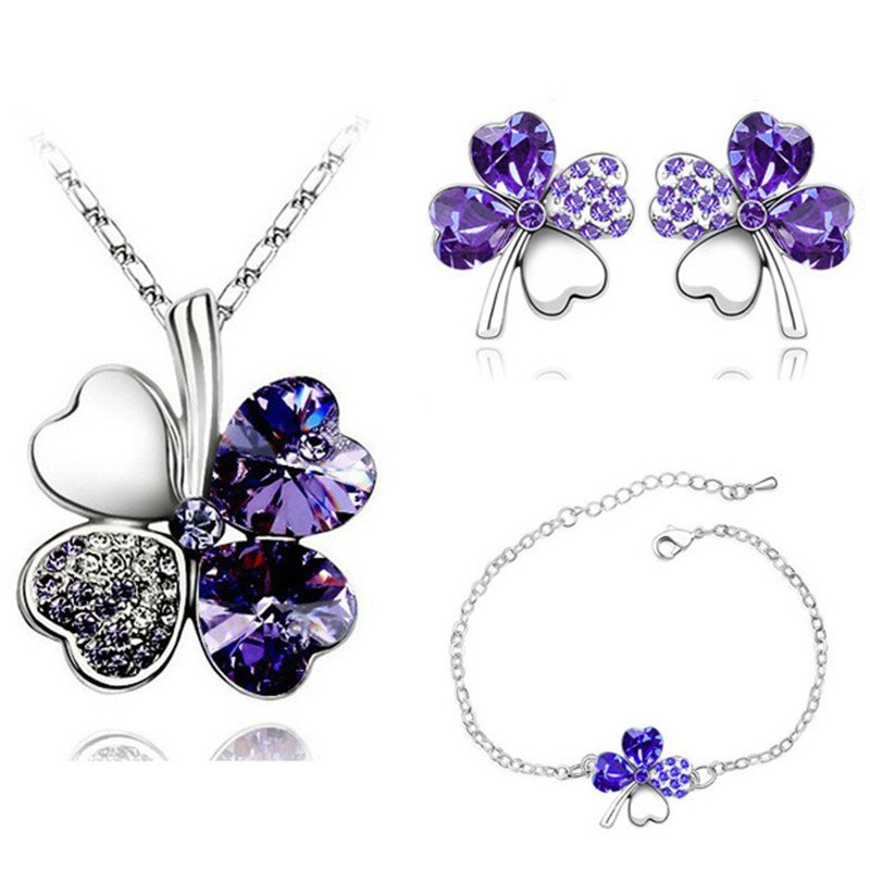925 Silver Plated 4 Leaf Purple Jewelry Set M02202