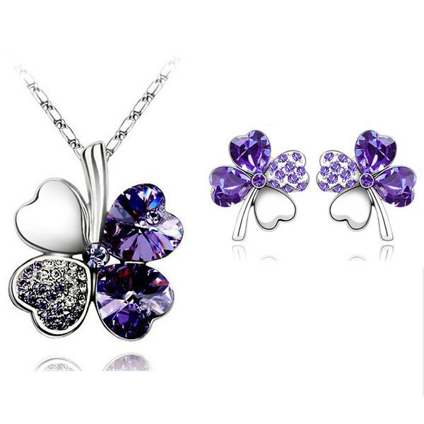 925 Silver Plated 4 Leaf Purple Jewelry Set M02205