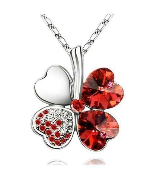 925 Silver Plated 4 Leaf Red Necklace M02211
