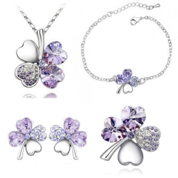 925 Silver Plated 4 Leaf Violet Jewelry Set M02197