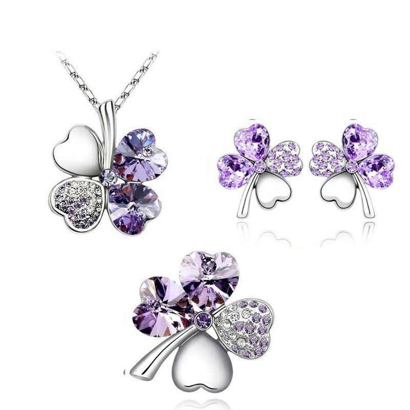 925 Silver Plated 4 Leaf Violet Jewelry Set M02203