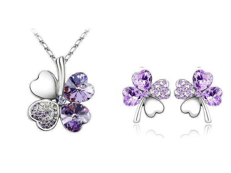 925 Silver Plated 4 Leaf Violet Jewelry Set M02206