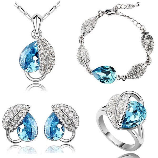 925 Silver Plated Austrian Crystal Ocean Blue Jewelry Set M02182