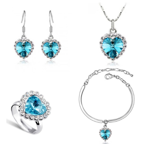 925 Silver Plated Austrian Crystals Sea Blue Jewelry Set M02048