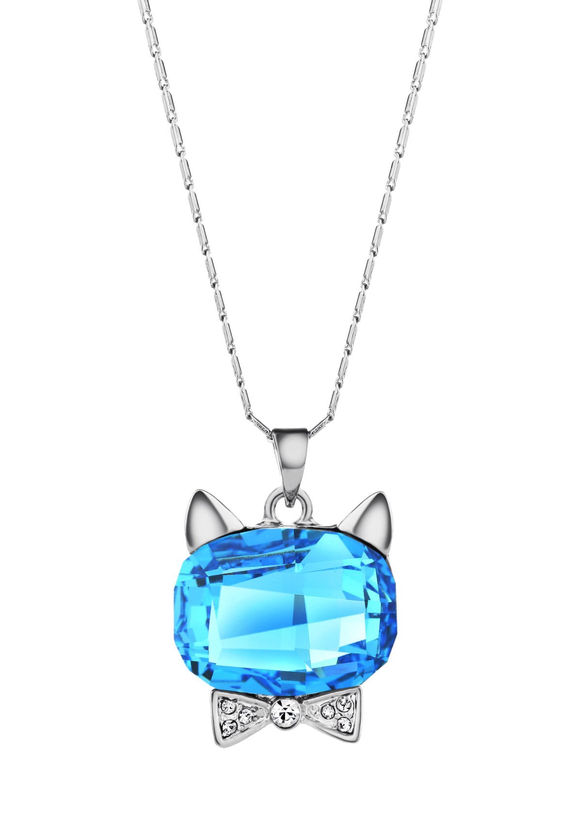 925 Silver Plated Original Swarovski Ocean Blue Cat Necklace M02109