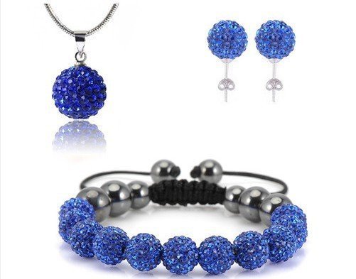 925 Silver Plated Shamballa Bracelet Necklace Earrings Czech Crystal Disco Clay Balls Set M00219