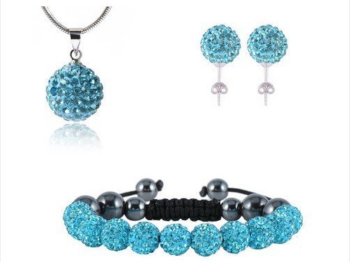 925 Silver Plated Shamballa Bracelet Necklace Earrings Czech Crystal Disco Clay Balls Set M00222