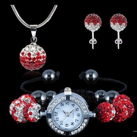 925 Silver Plated Shamballa Quartz Watch and Necklace and Earrings Czech Crystal Disco Clay Balls Set M00205
