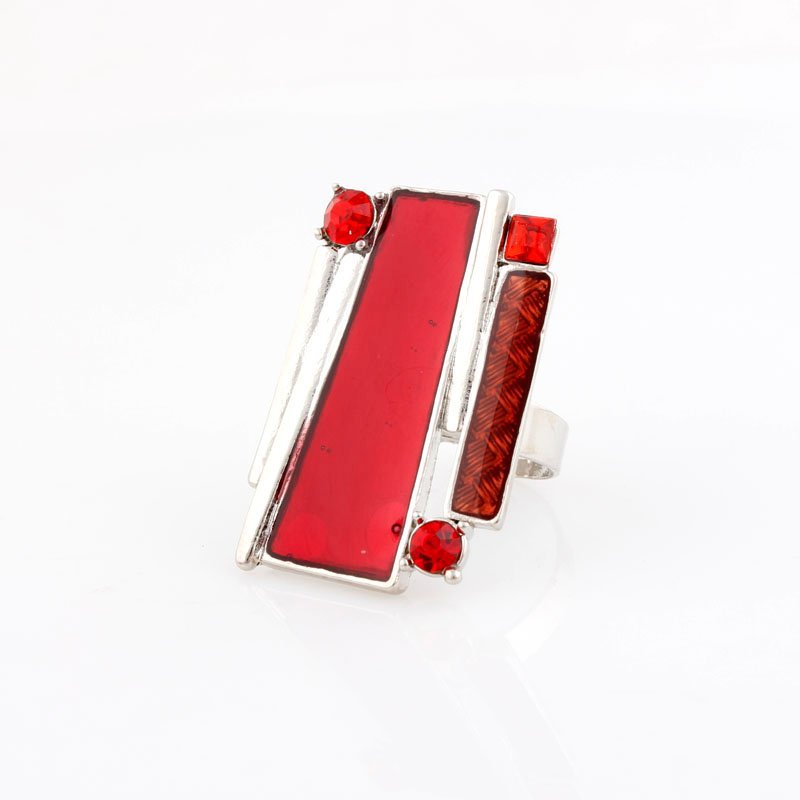 Adjustable Enamel Silver Plated Nickle Free Alloy Rectangle Ring Red Rhinestone M00368