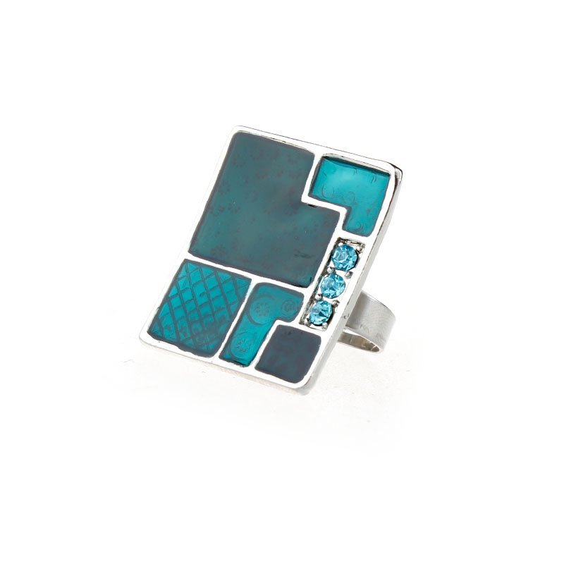 Adjustable Enamel Silver Plated Nickle Free Alloy Square Ring Blue Rhinestone M00375