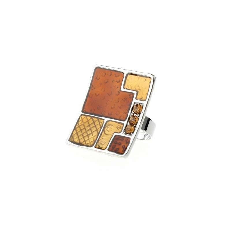 Adjustable Enamel Silver Plated Nickle Free Alloy Square Ring Brown Rhinestone M00377