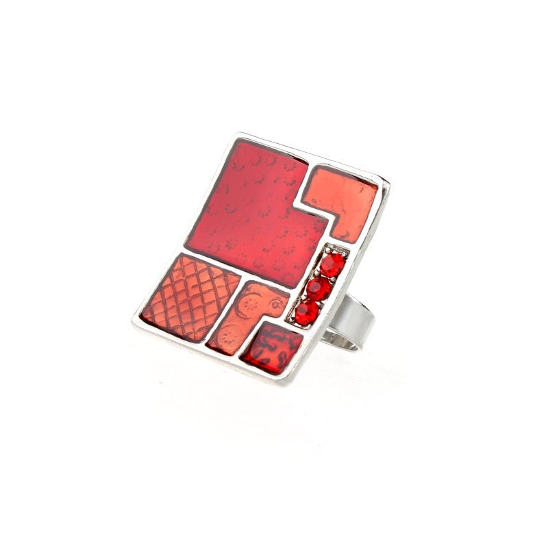Adjustable Enamel Silver Plated Nickle Free Alloy Square Ring Red Rhinestone M00374
