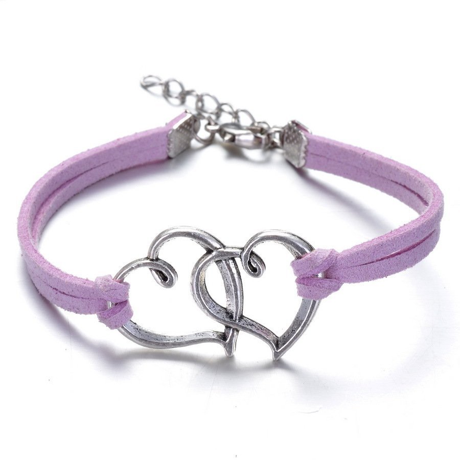 Double Heart leather Purple Bracelet M00734