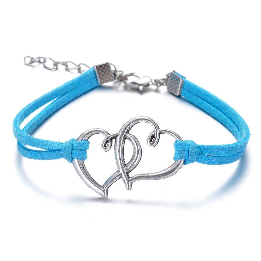 Double Heart leather Seablue Bracelet M00735