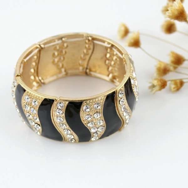 Indian Elastic Rhinestone Adjustable Enamel Black Bangle M00428